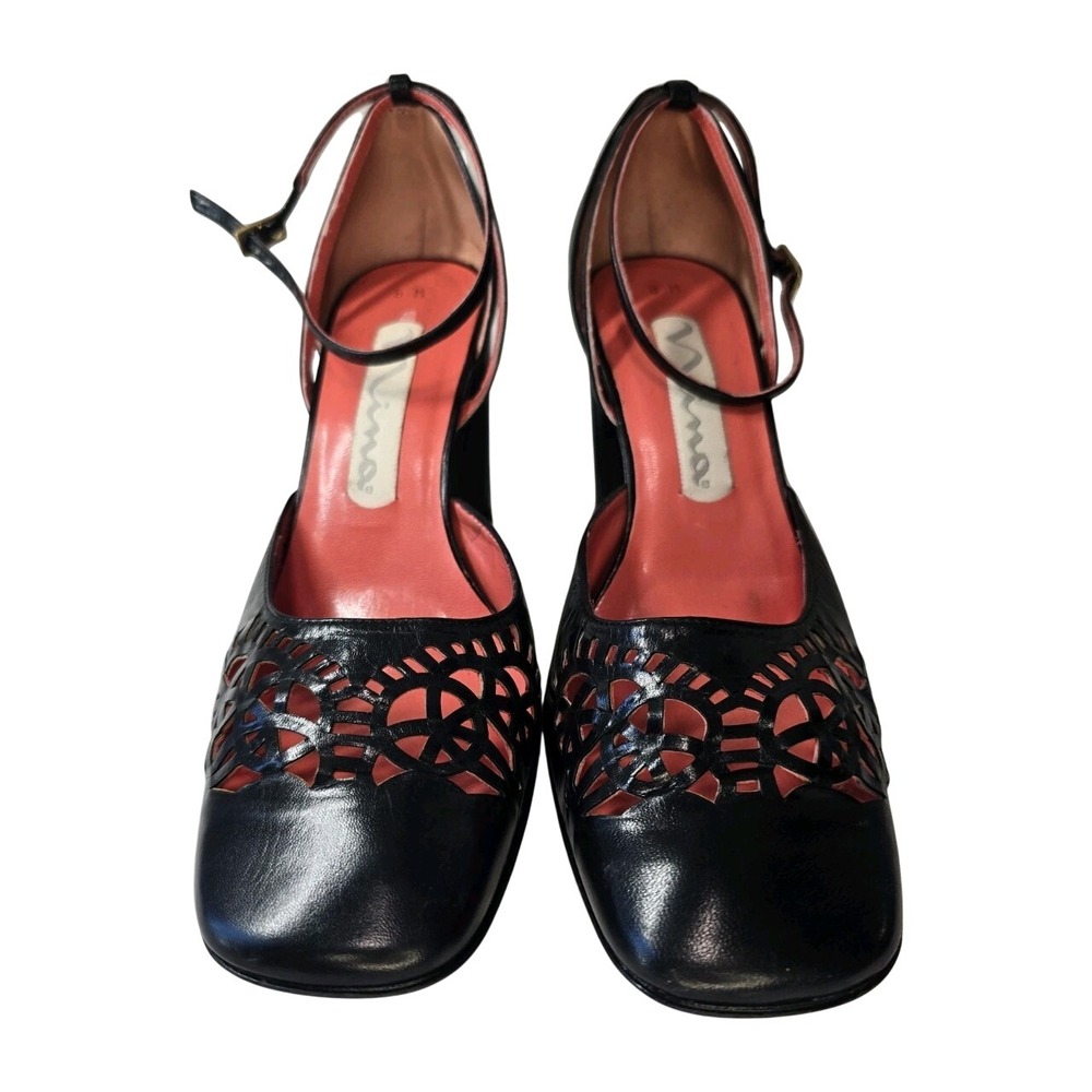 Nina Black‎ Leather Ankle Strap Heels Women's Size 8M Pink Insole Classic Pumps